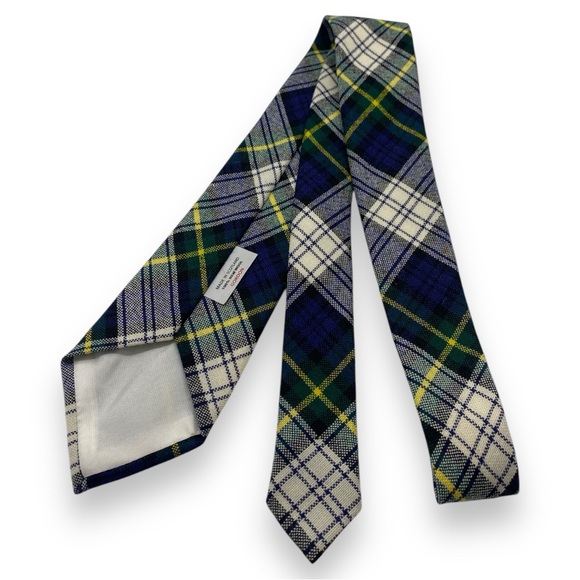 100% Wool Blue/Green/Cream/Yellow Tartan Print Slim Tie Made in Scotland - Picture 2 of 3